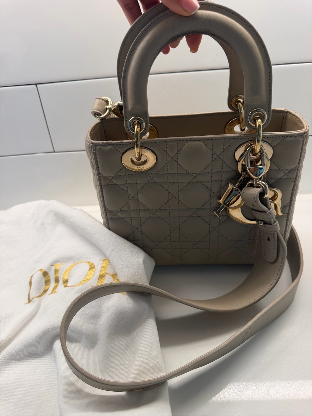 Dior Beige Quilted Lady Dior Medium Top-Handle Bag with Gold Hardware - Picture 8 of 14